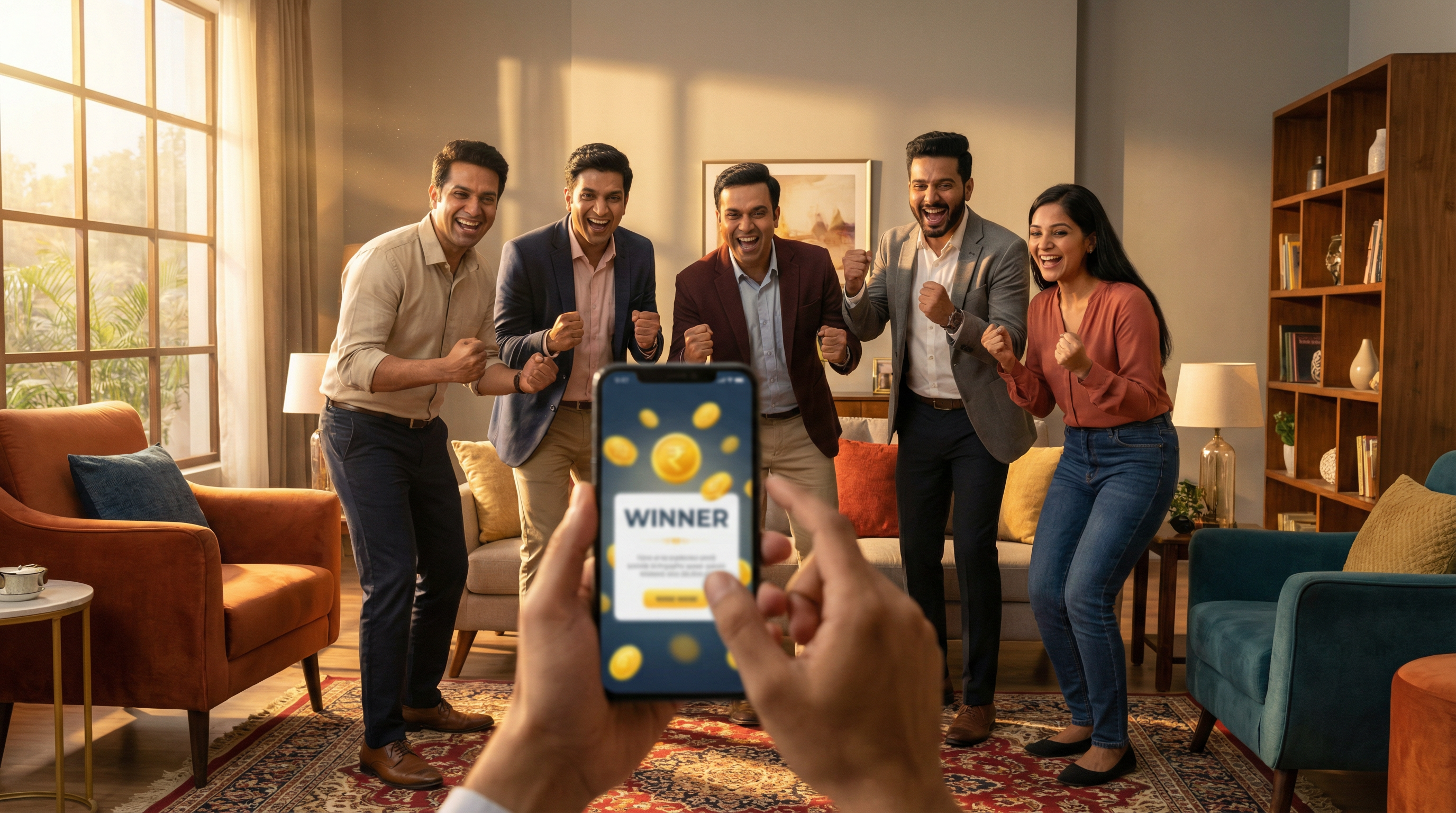 Indian players celebrating Ludo win – real money gaming